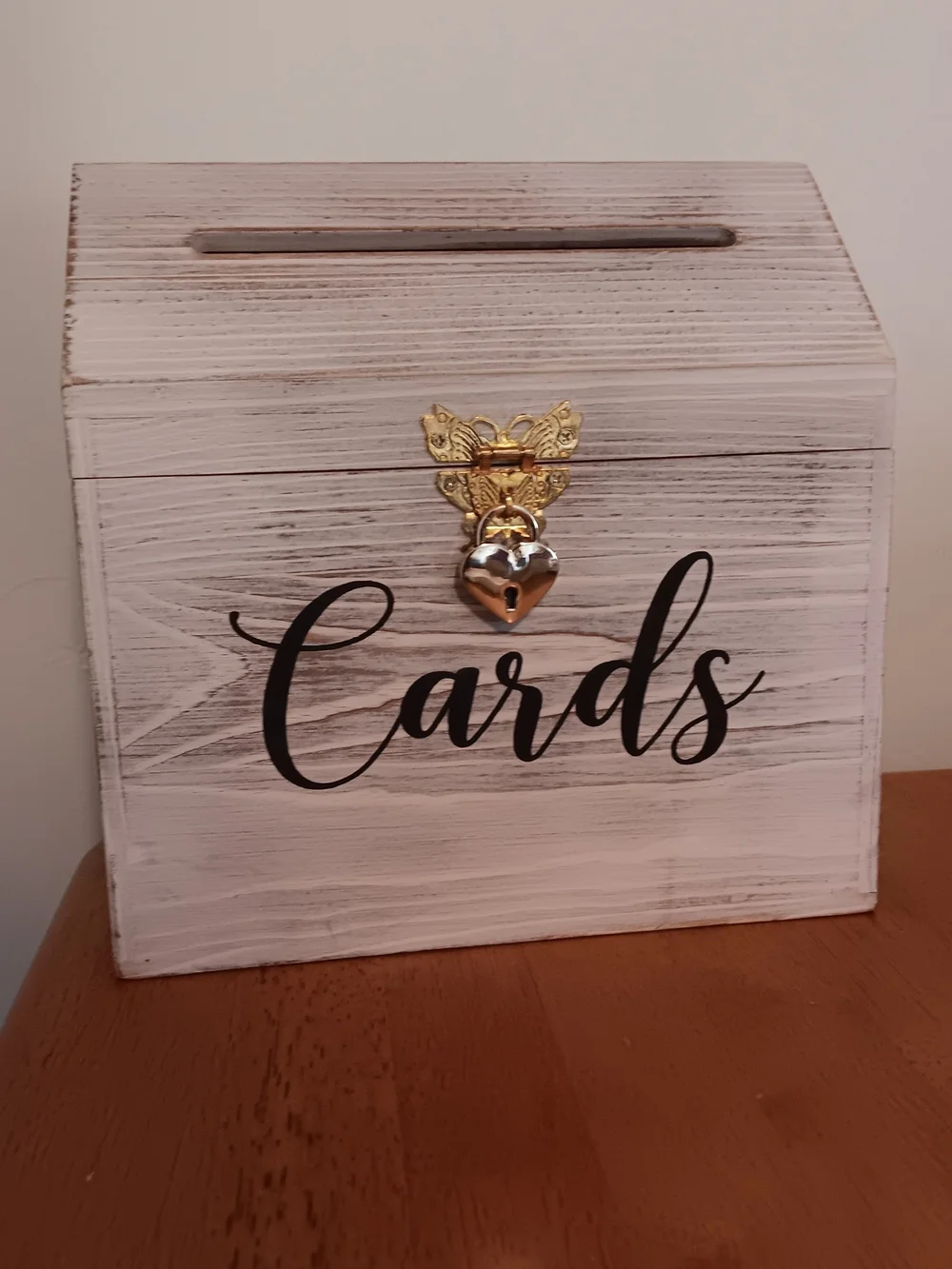 Unbranded White Wood 'Cards' Keepsake Box with Gold Heart Lock